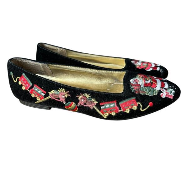 Vintage Pritzi Black Velvet Women's Embroidered Christmas Flats Santa Train sz 7 - Picture 5 of 11